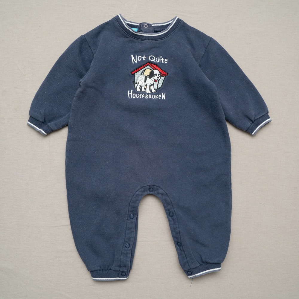 Vintage Big Dogs Not Quite House Broken 18-24 Baby Kids Romper Rare Navy‎ Blue